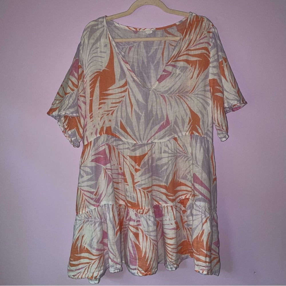 Cynthia Rowley XL 100% Linen Mini Dress Tiered Short Sleeve